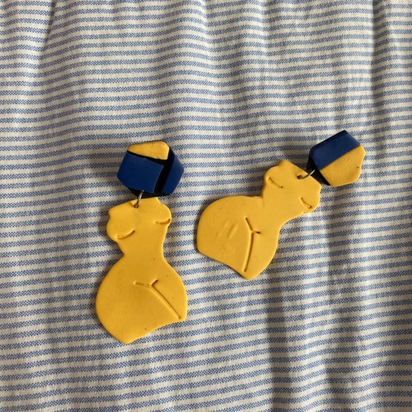Handmade Clay Earrings | Forms of a Woman Silhouette | Yellow and Blue Mosaic - Picture 2 of 9